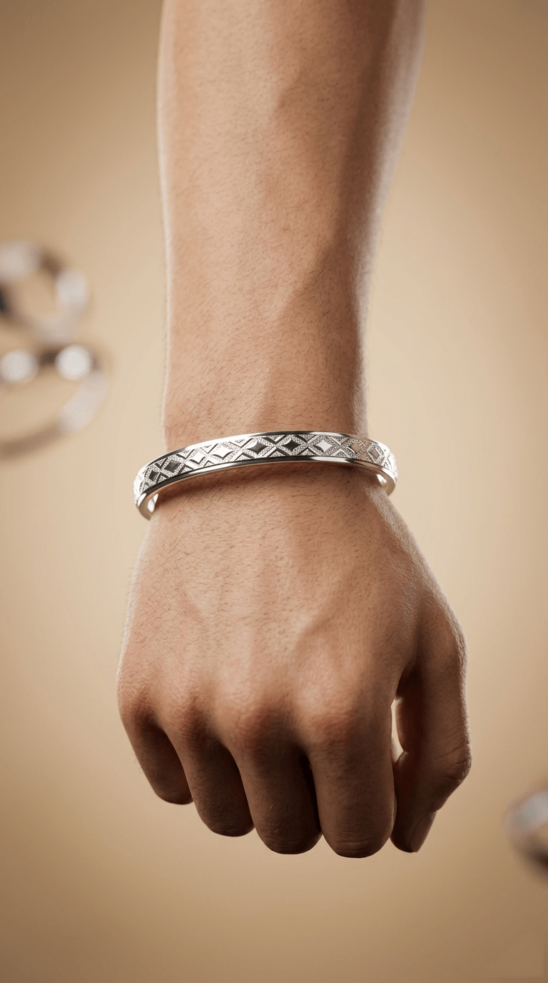 Men's sterling silver kada with diamond lozenge engraved pattern