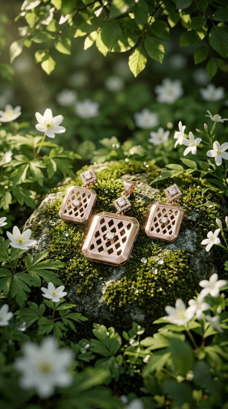 Women's rose gold lattice jaali pendant and matching earrings with diamonds