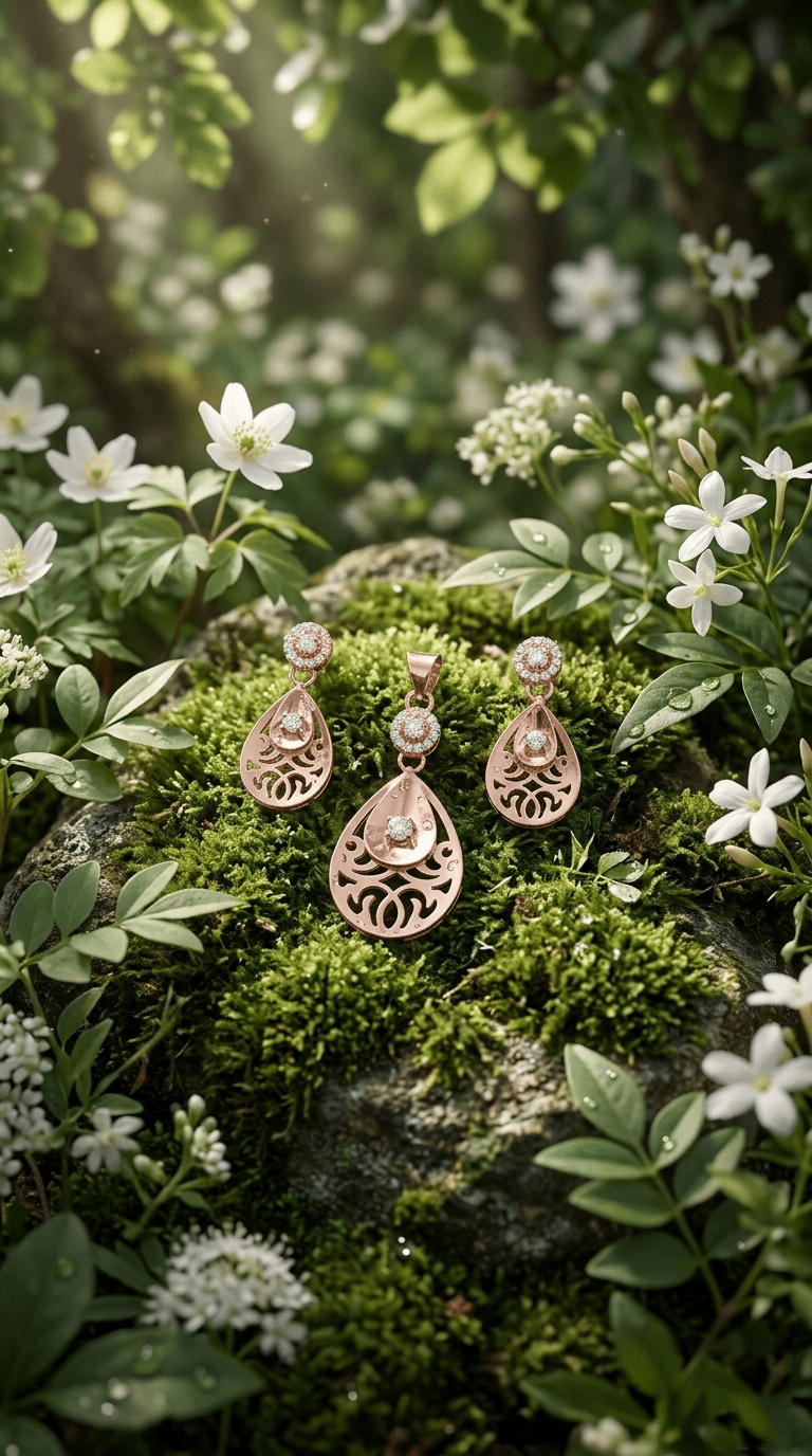 Women's rose gold teardrop filigree pendant and earring set in garden setting